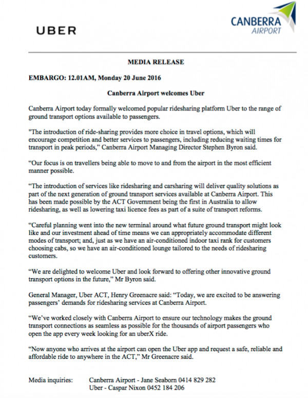 Uber Airport Media Release