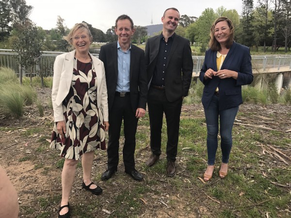 Caroline Le Couteur and Shane Rattenbury of the Greens with Andrew Barr and Yvette Berry of Labor. Photo: Charlotte Harper