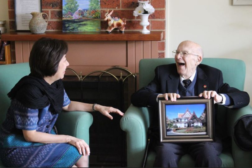 Thailand Ambassador, Nantana Sivakua with 95-year-old, Yallambee Lodge resident Tibor Olgay. Photo: Snowy Monaro Regional Council.