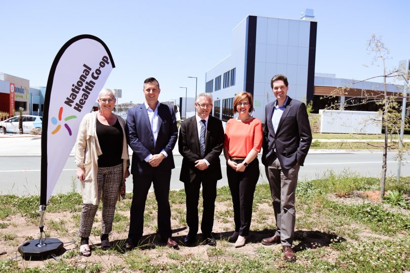 Bec Cody MLA, Adrian Watts (National Health Co-op), Senator David Smith, Minister Meegan Fitzharris and Blake Wilson (National Health Co-op).