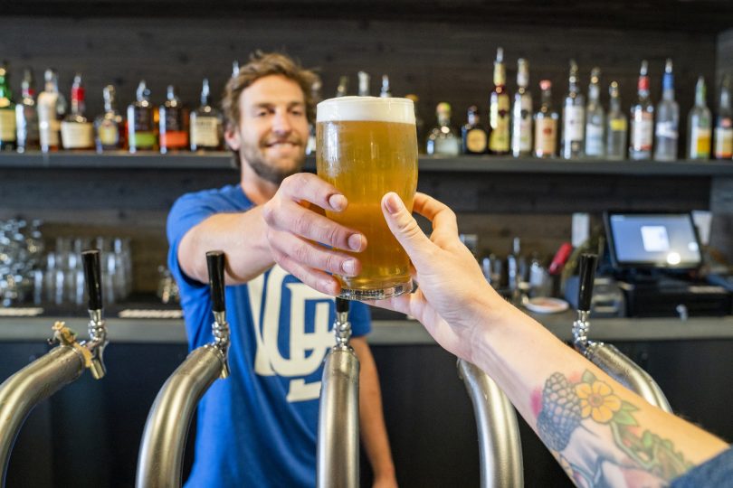 Man behind bar passing a beer glass to a man's hand