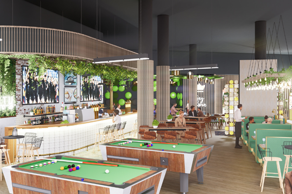 Pool tables and the bar and restaurant