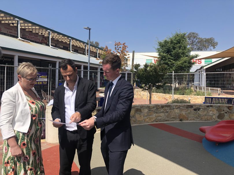 MLA Bec Cody, Minister for Transport and City Services Chris Steel and building owner Peter Tzanetos