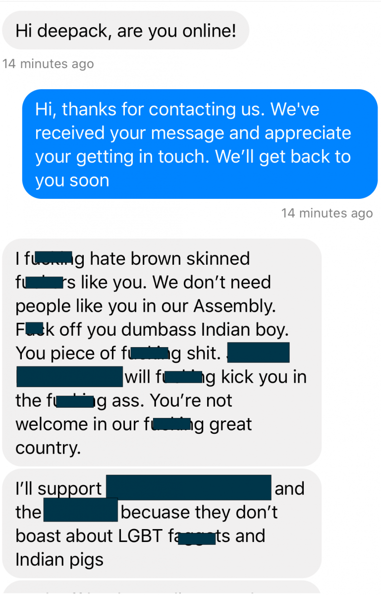 A racist message sent to Deepak-Raj Gupta. Image" Supplied.