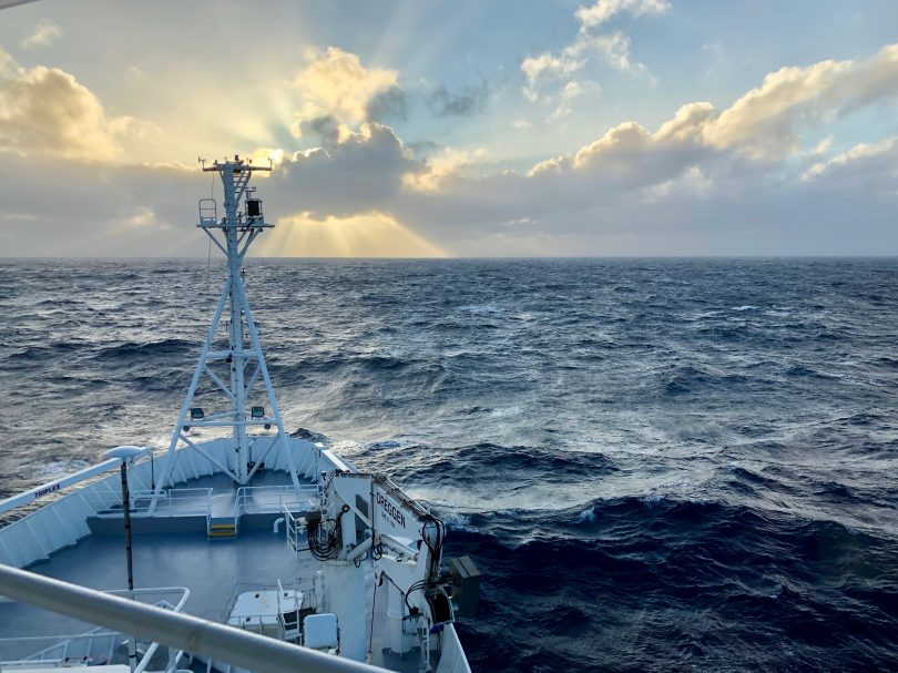 The RV Investigator heads into a heavy swell