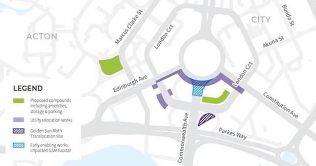 Map showing Canberra city car park closures for light rail compounds and worksites