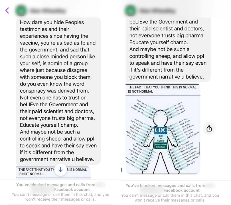 two Facebook messages side by side