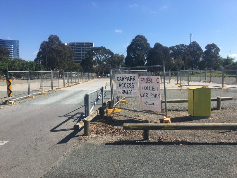 Fenced-off futsal slab at Acton Park