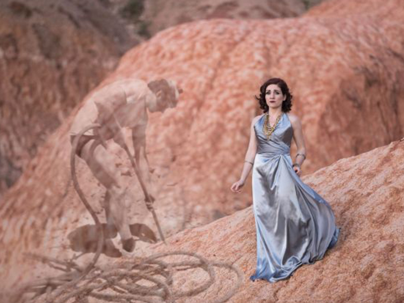 a lady walking on red rock with an overlay photo of a man digging a hole