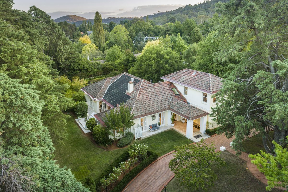 An aerial view of the two-storey home and surrounding grounds