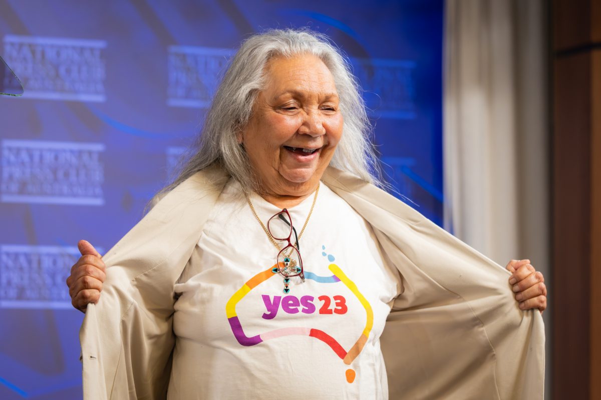 Aboriginal Elder wearing a yes23 T-shirt