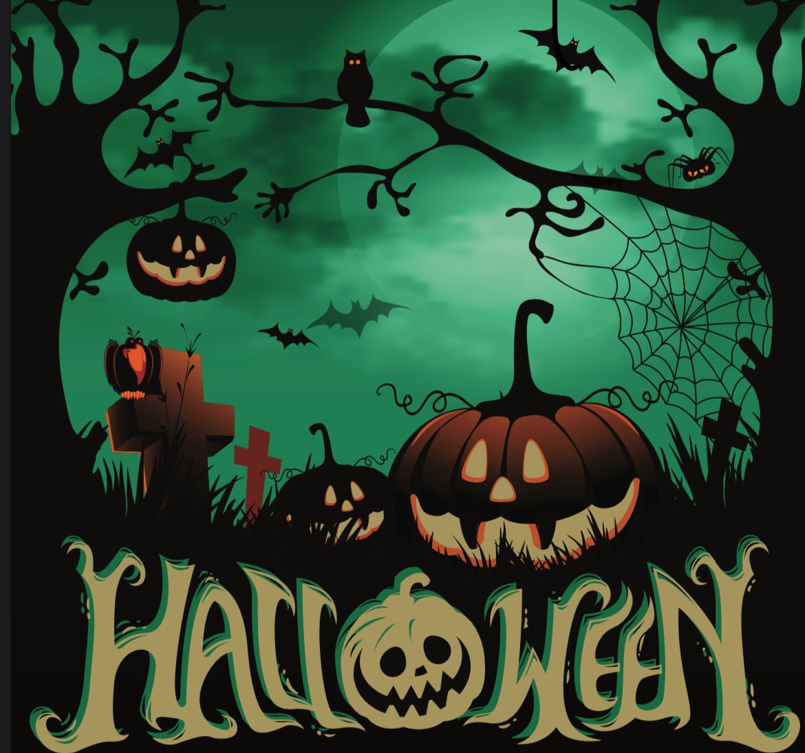 Graphic of halloween pumpkins, scary trees and the word 'halloween'