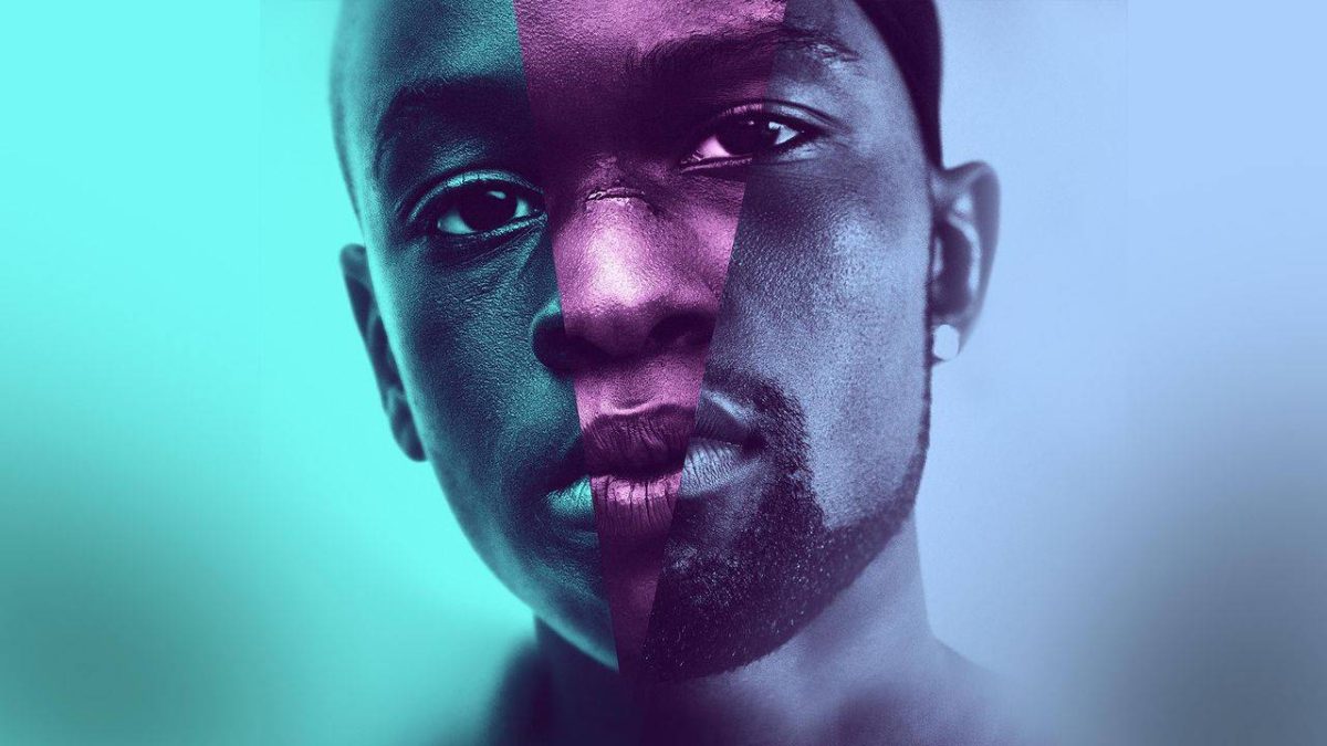 Promotional still from Moonlight showing a man's face overlaid with shades of green and purple