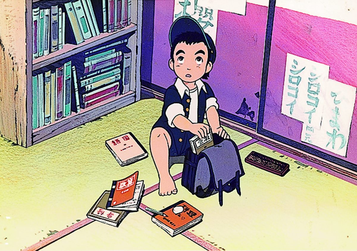 Animated still from Barefoot Gen showing a boy in a classroom putting items into a backpack
