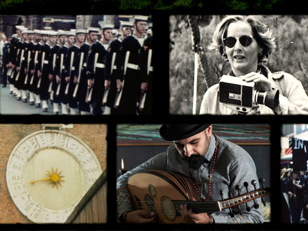 Composite of stills from the promotional image for Memory Film including a line of military personnel, a women with a camera and a man playing an oud