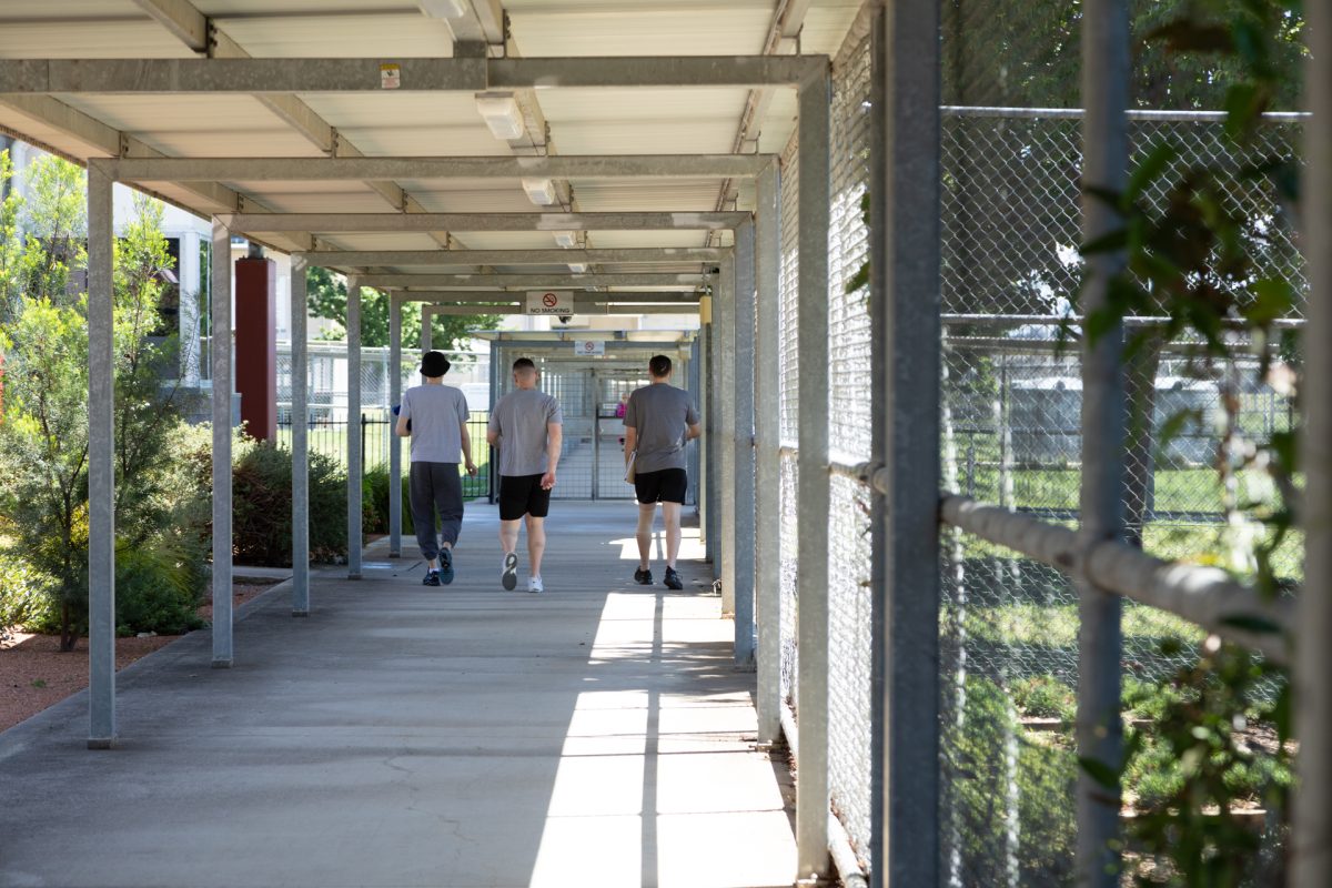 Three males walking down outdoor corridor