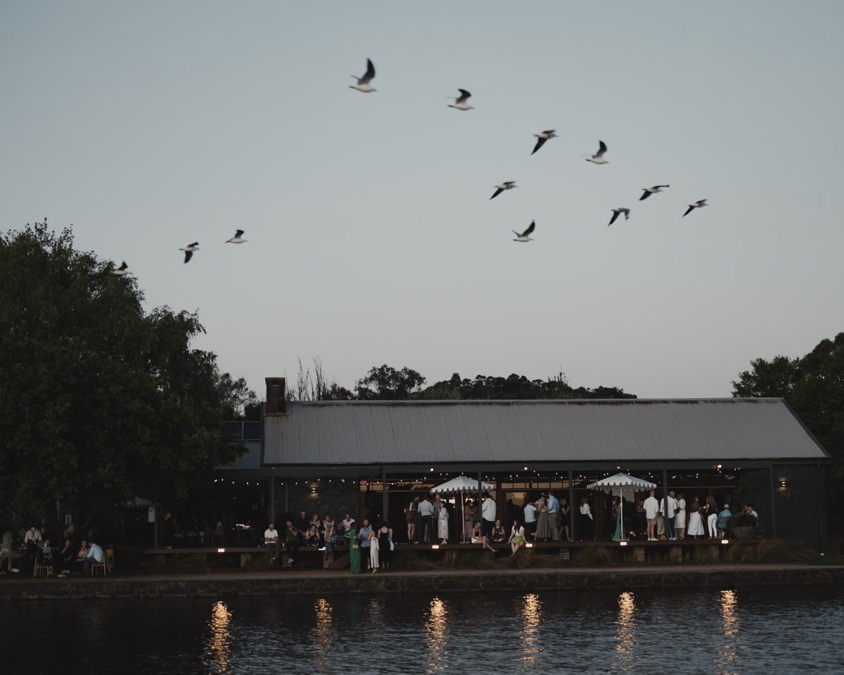 A view of the boathouse at dusk taken from the lake, overhead, seagulls.