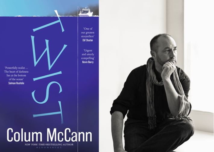A photograph of Colum McCann and his book cover for Twist.