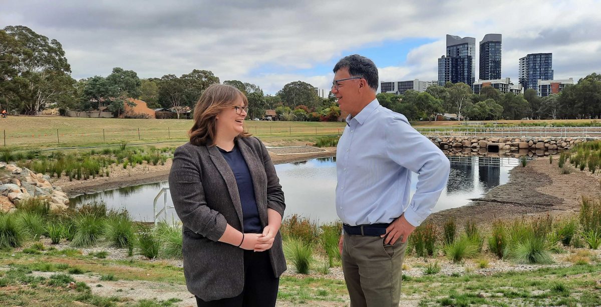 Climate Change, Environment, Energy and Water Minister Suzanne Orr with Healthy Waterways program manager Ralph Ogden.