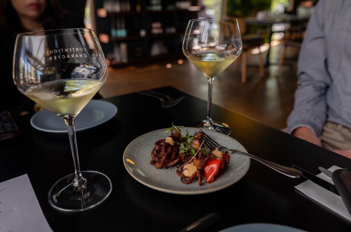 char-grilled baby octopus, smokey and tender with lightly grilled capsicum and harissa aioli.