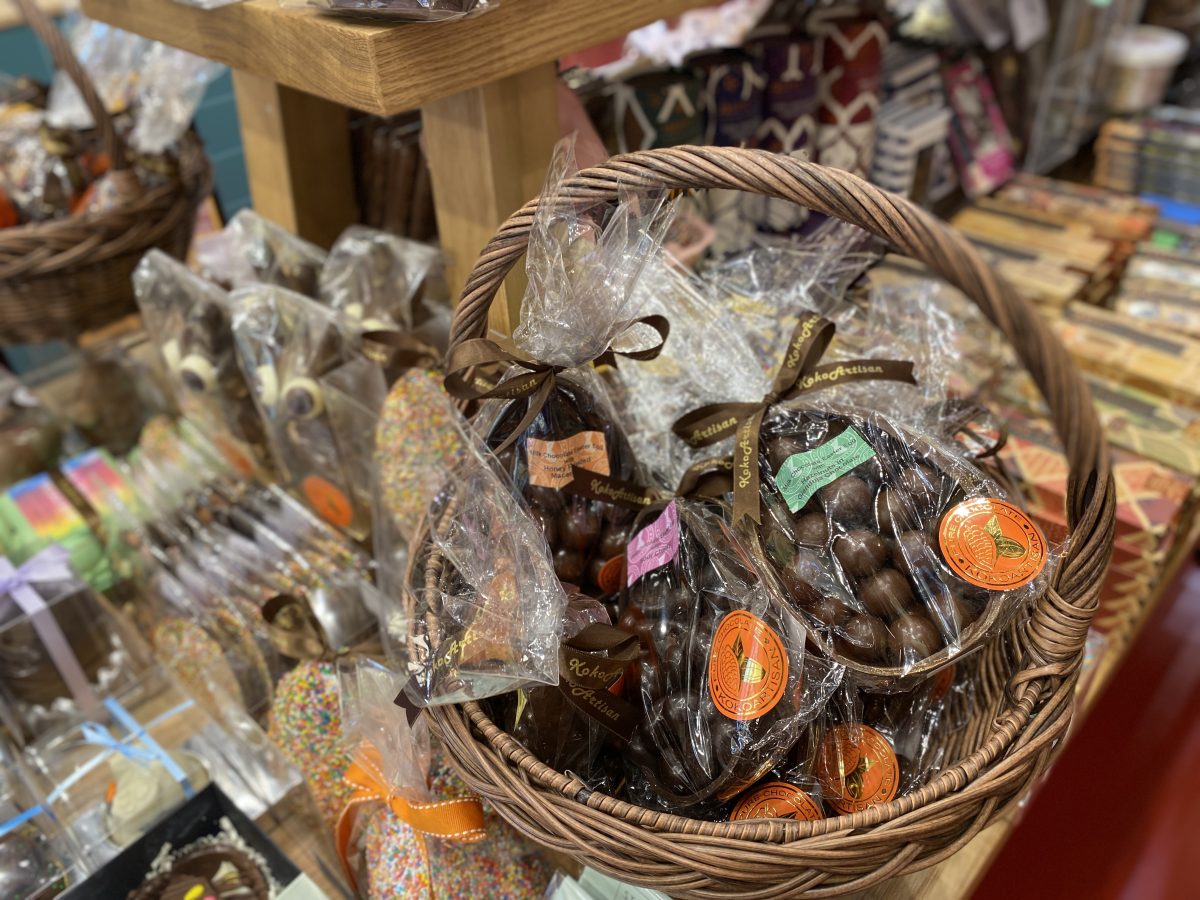 A basket of Easter themed Chocolates.