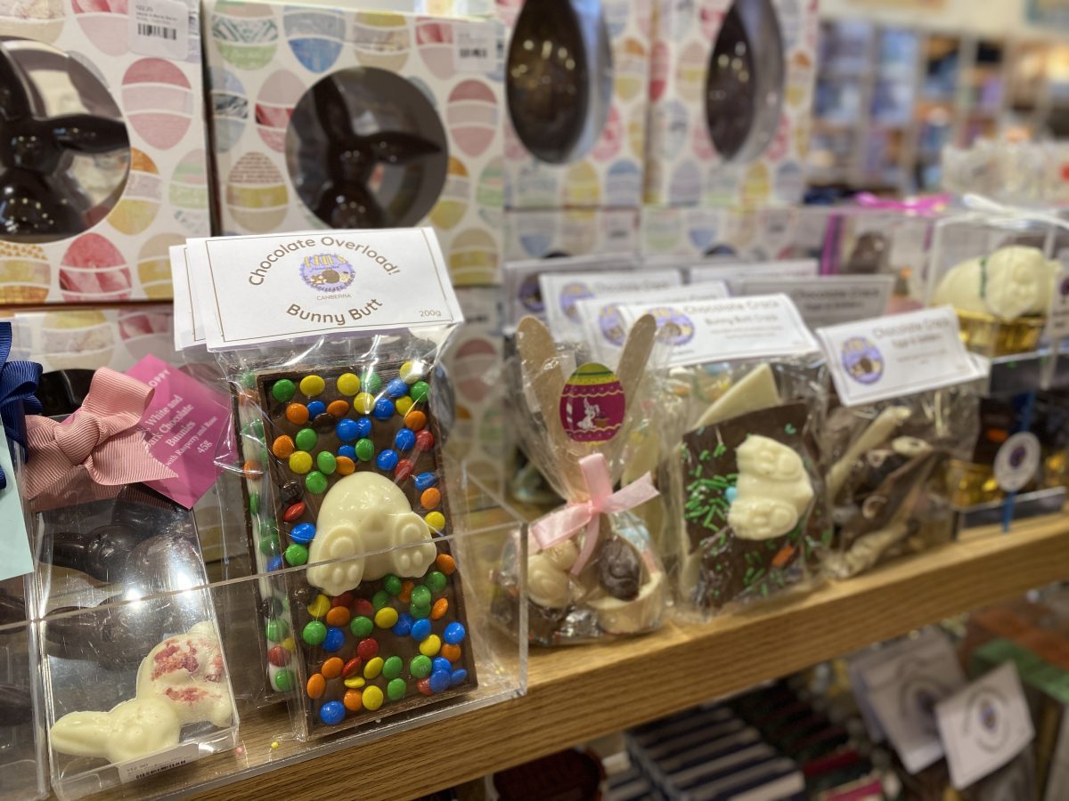 Chocolate bar with a view of a chocolate bunny's butt.