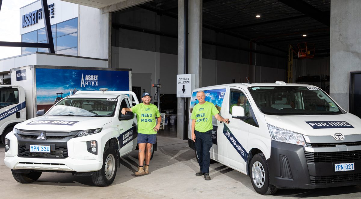 Asset Construction Hire staff standing next to hireable truck, van, and ute