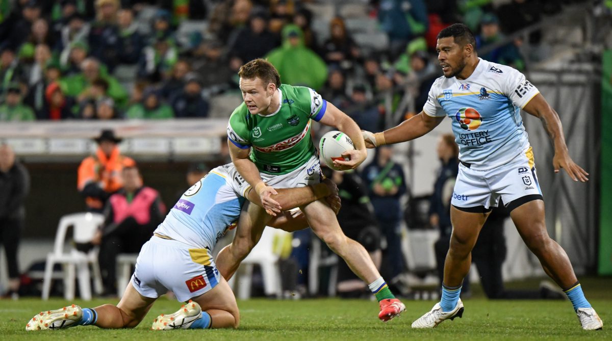 Ethan Strange, one of the Raiders young guns, playing against the Titans in May this year. Photo: Jaye Grieshaber.