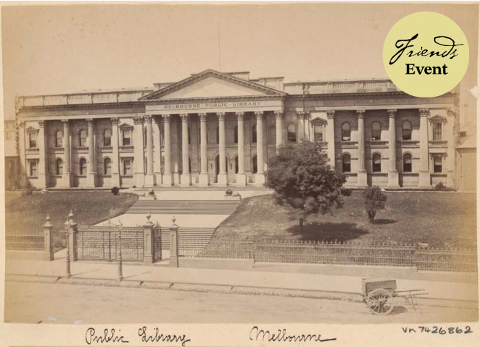 A sepia photograph of the Public Library in Melbourne in 1879.