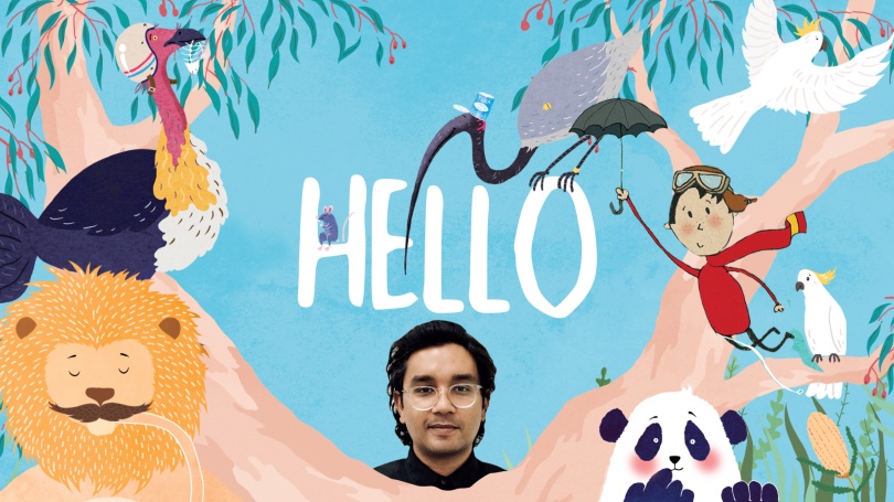 Headshot of children's picture book creator Ronojoy Ghosh with his illustrations.