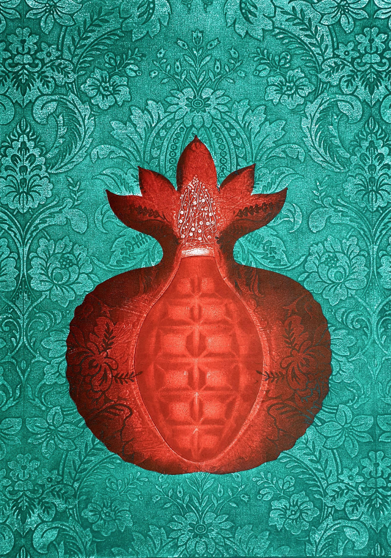 Reddish fruit-like form over blue-green background