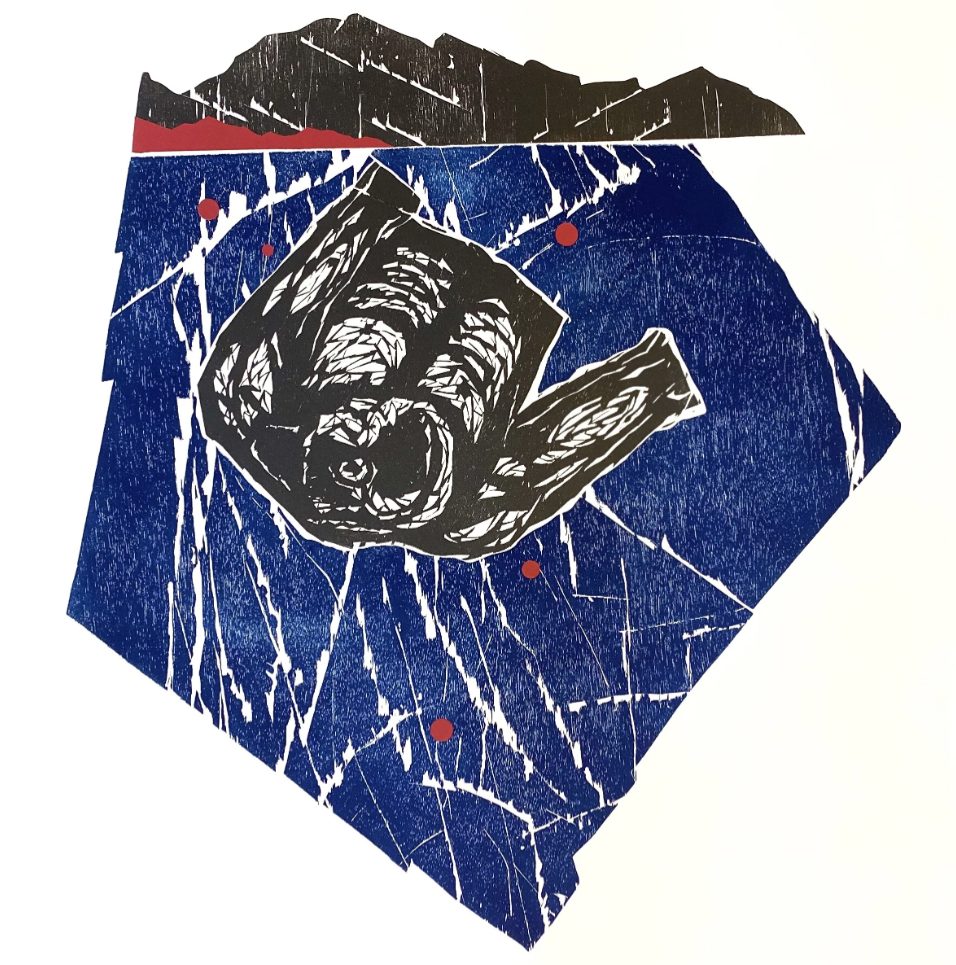 Angular abstracted composition over a blue baclground suspended on white