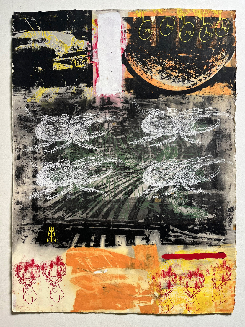 Complex collage of images greys and orange