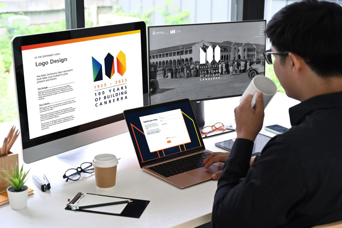 Man looks at three computer screens with branding
