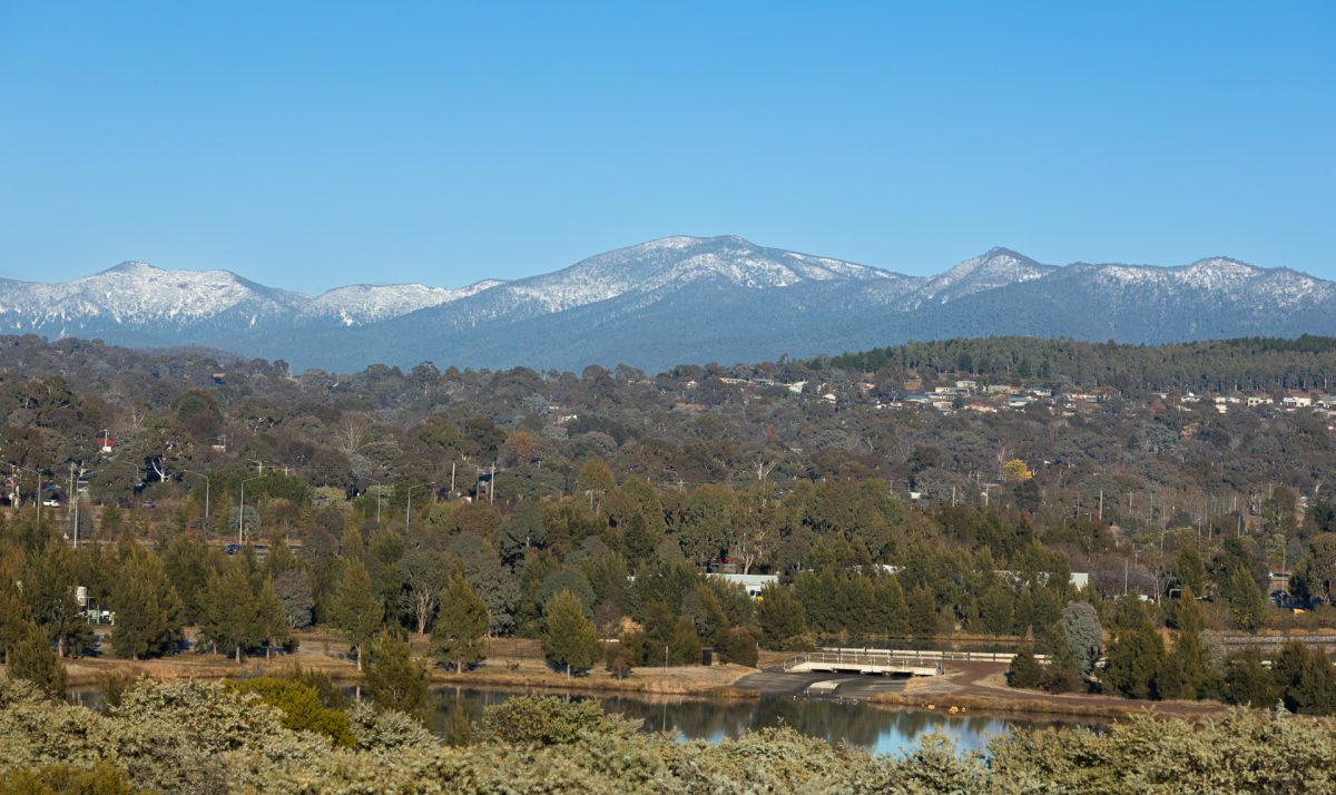 Landscape scene of snow on distant mountains