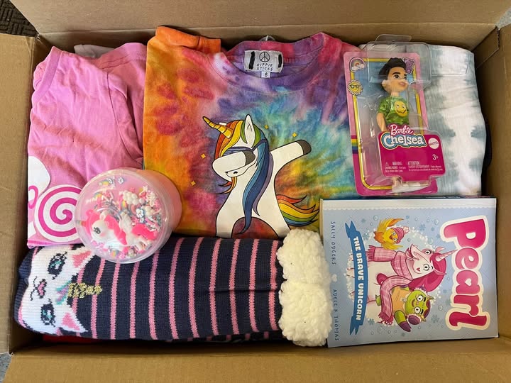 A box of unicorn themed books and clothes