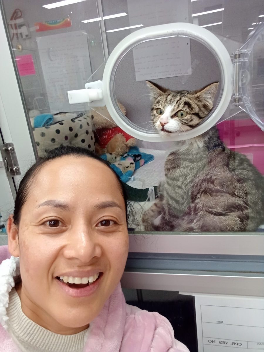 A smiling woman next to a cat in a hospital cage