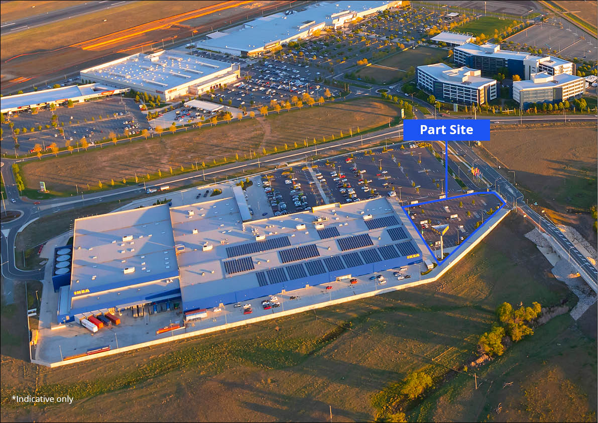 Aerial view of the triangular portion of the Ikea car park available for lease.
