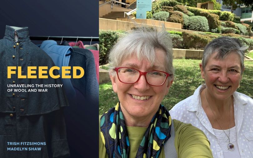 The book cover for Fleeced and a photograph of authors Trish FitzSimons and Madelyn Shaw.