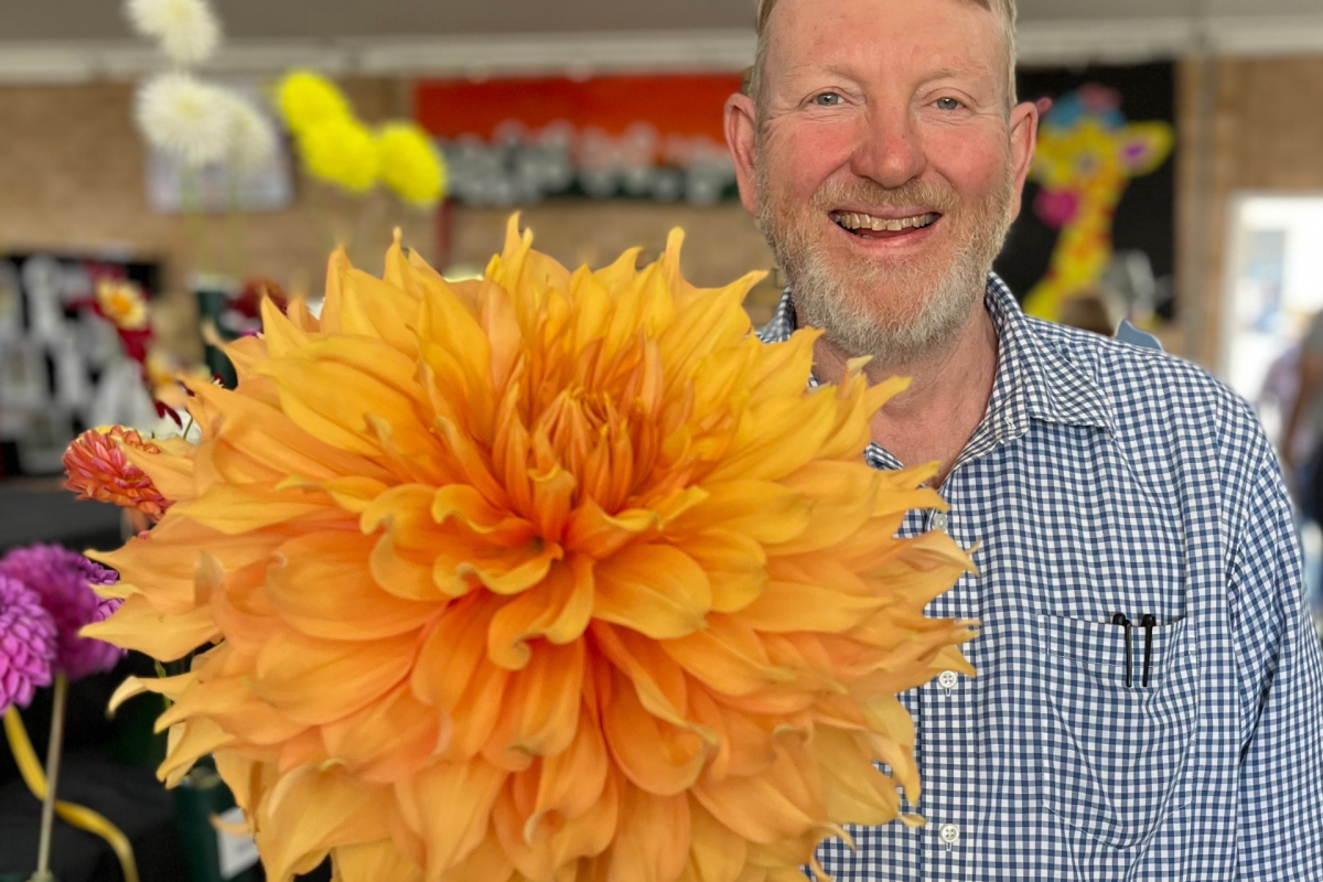 Man holding dahlia flower.