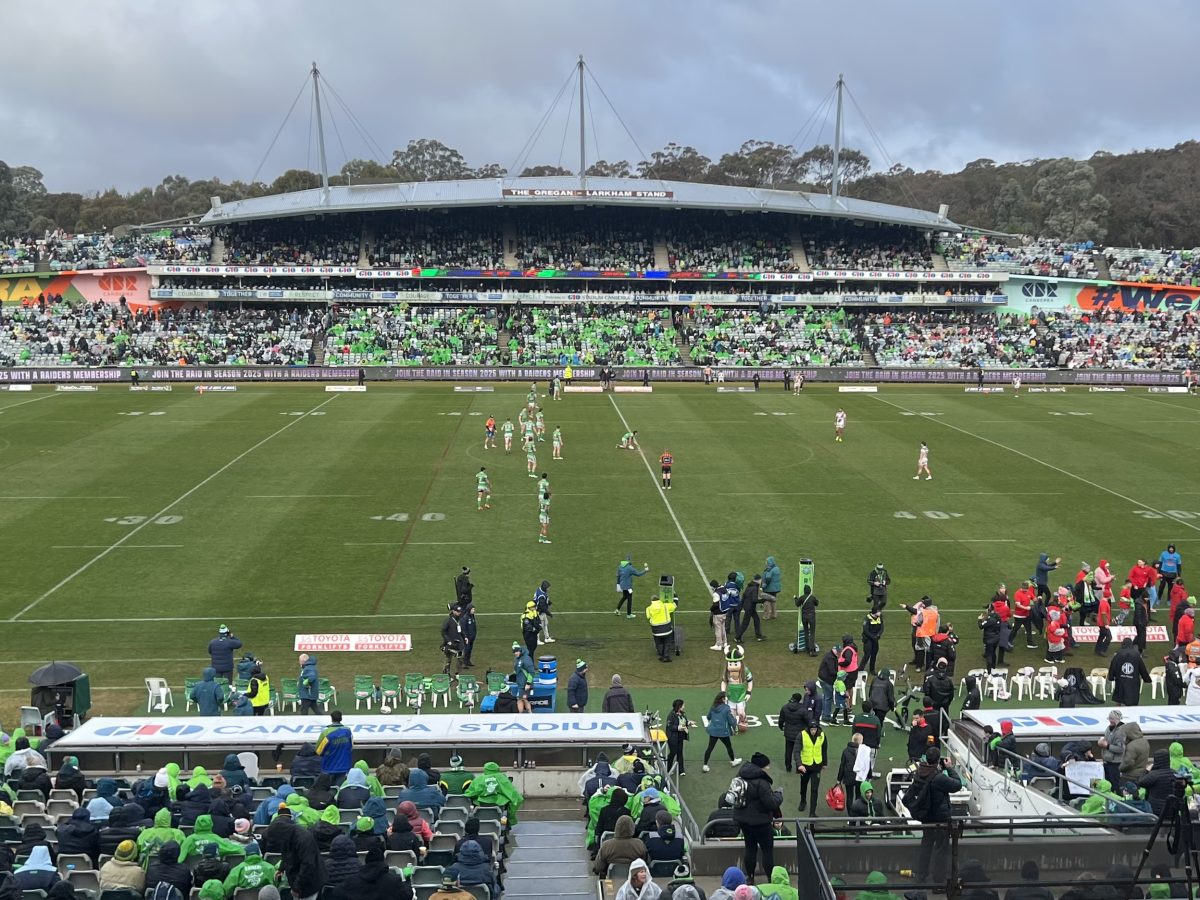 Over 19,000 fans turned out on a cold and wet Sunday to see the Raiders come from behind to defeat South Sydney. Photo: Tim Gavel.
