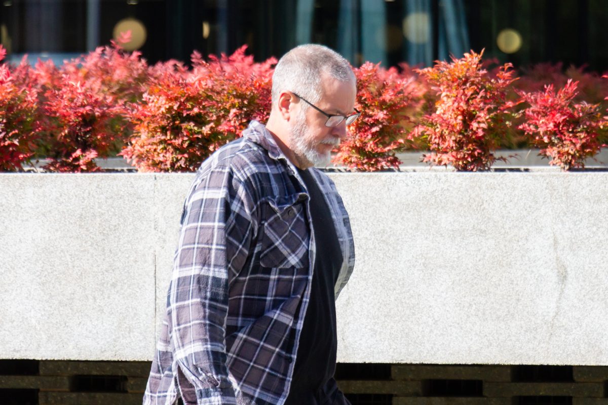 Man walking past row of red plants