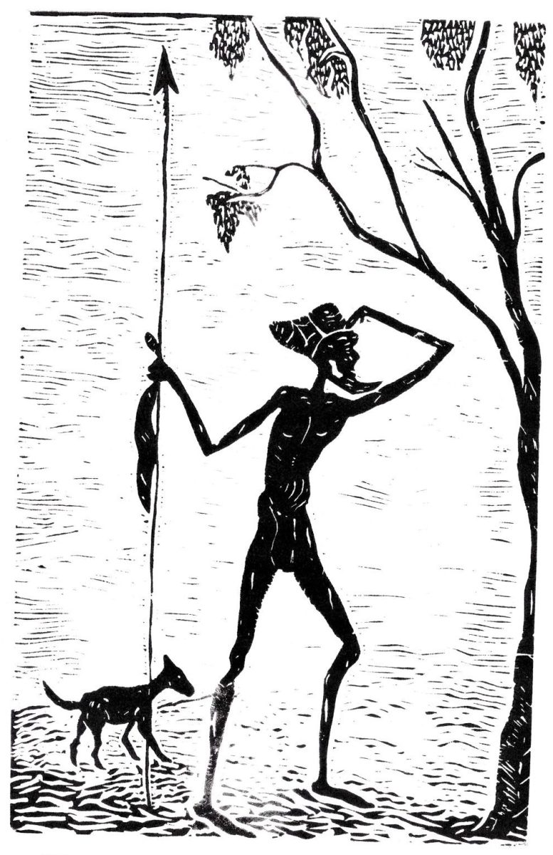 Black and white print of a man and his dog