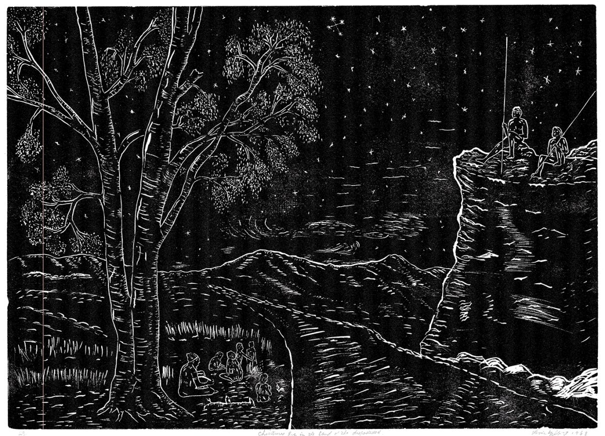 black & white artwork of a man in a landscape