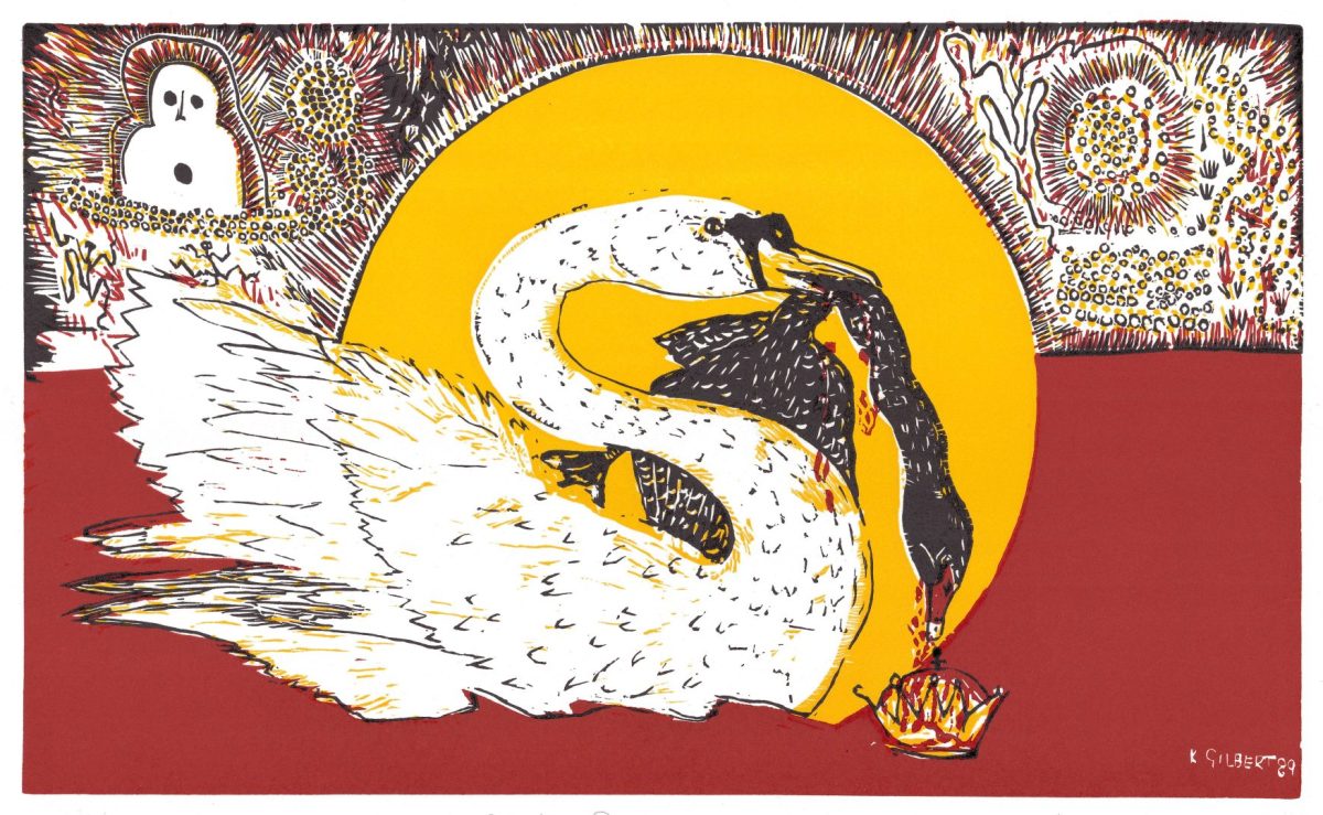 color print of a white swan breaking the neck of a black swan