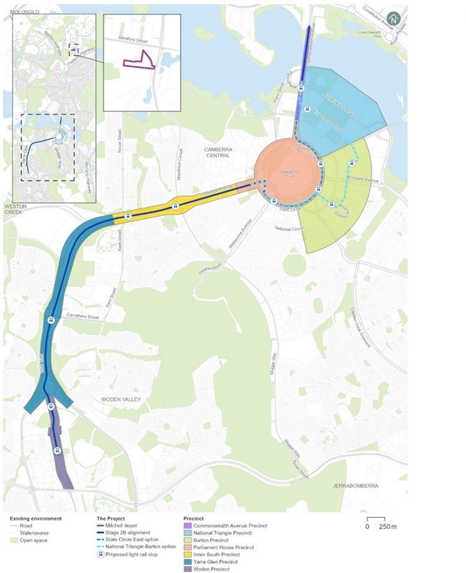 There are two potential route options through the Parliamentary Triangle. Image: ACT Government