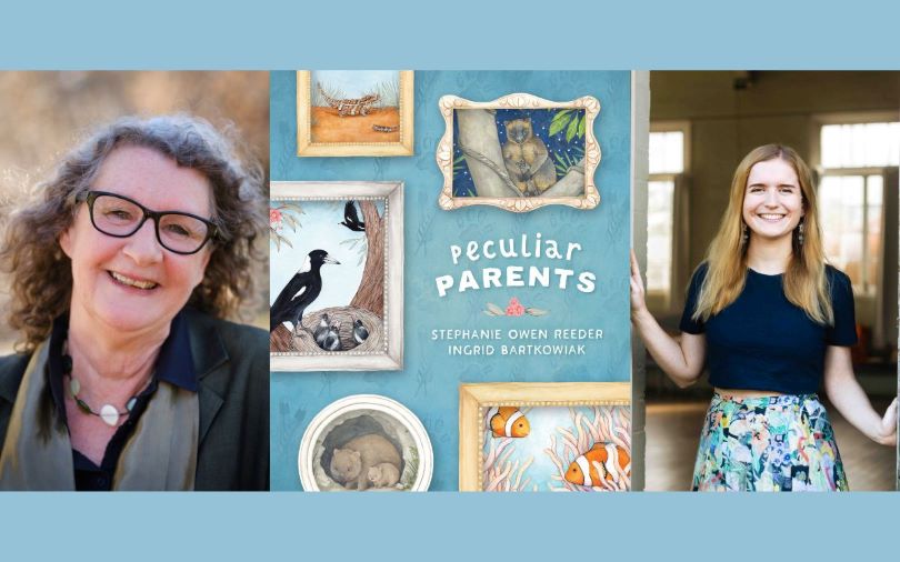 Book cover of Peculiar Parents and headshots of Stephanie Owen Reeder and Ingrid Bartkowiak.