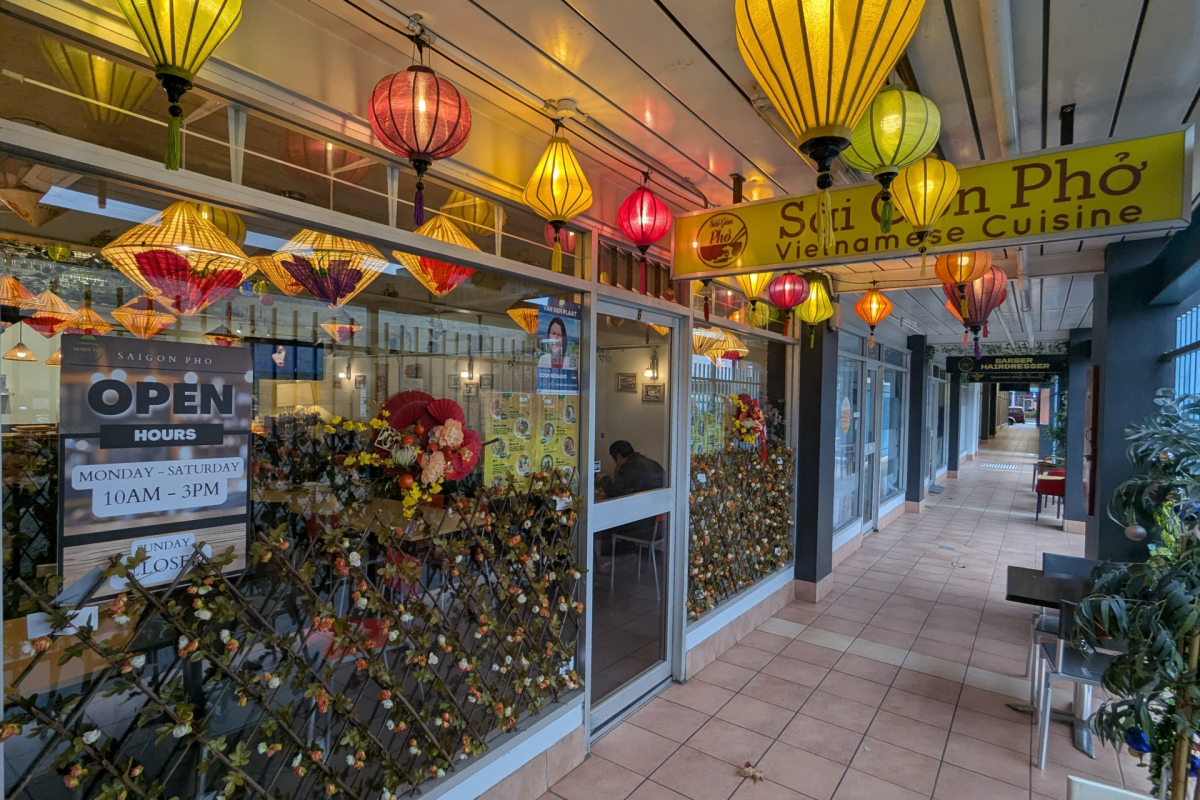 Outside Sai Gon Pho with colourful lanterns.