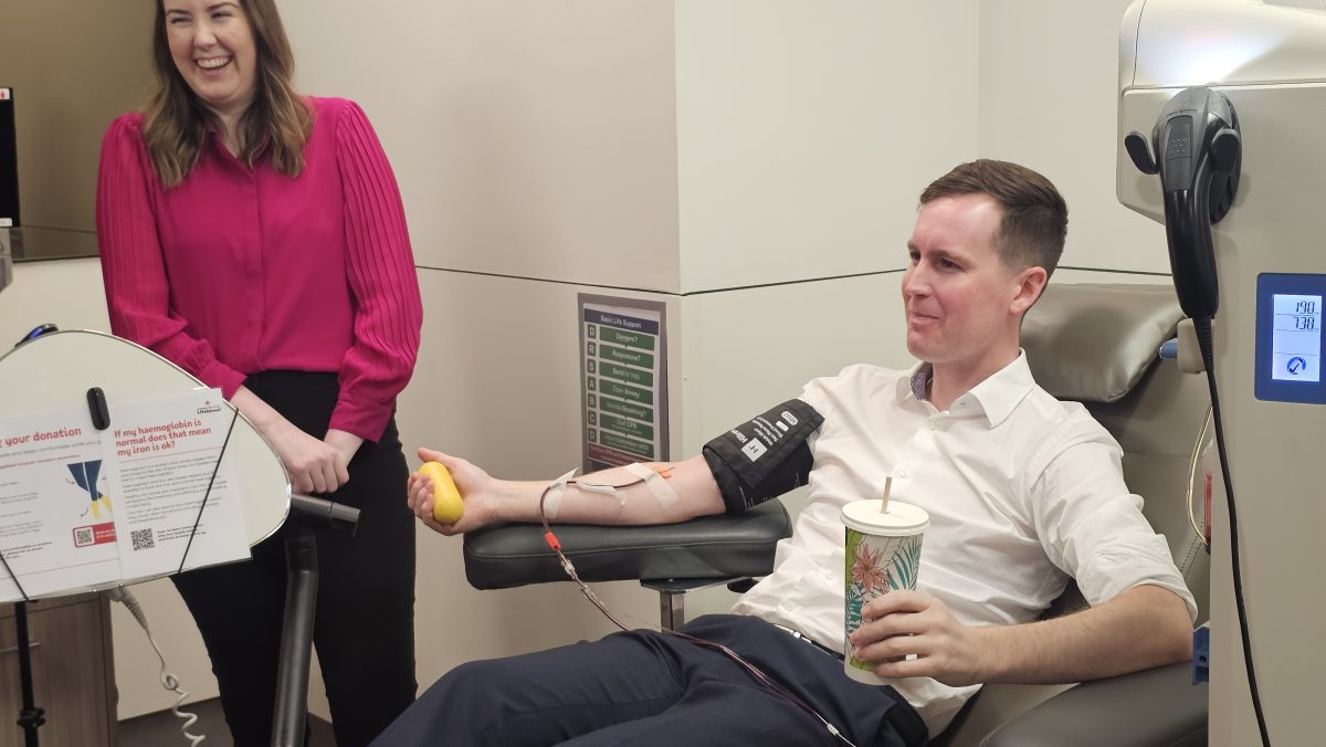 Steel drinks a milkshake while donating plasma.