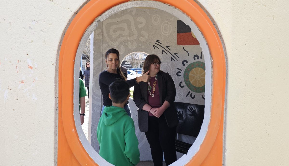Suzanne Orr and Kalara Gilbert is shown new artwork by Year 6 Noah Young.